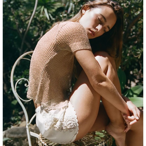 ZARA Gold-tone metallic thread mesh tie-front women’s short jacket. M NWT - Picture 2 of 10